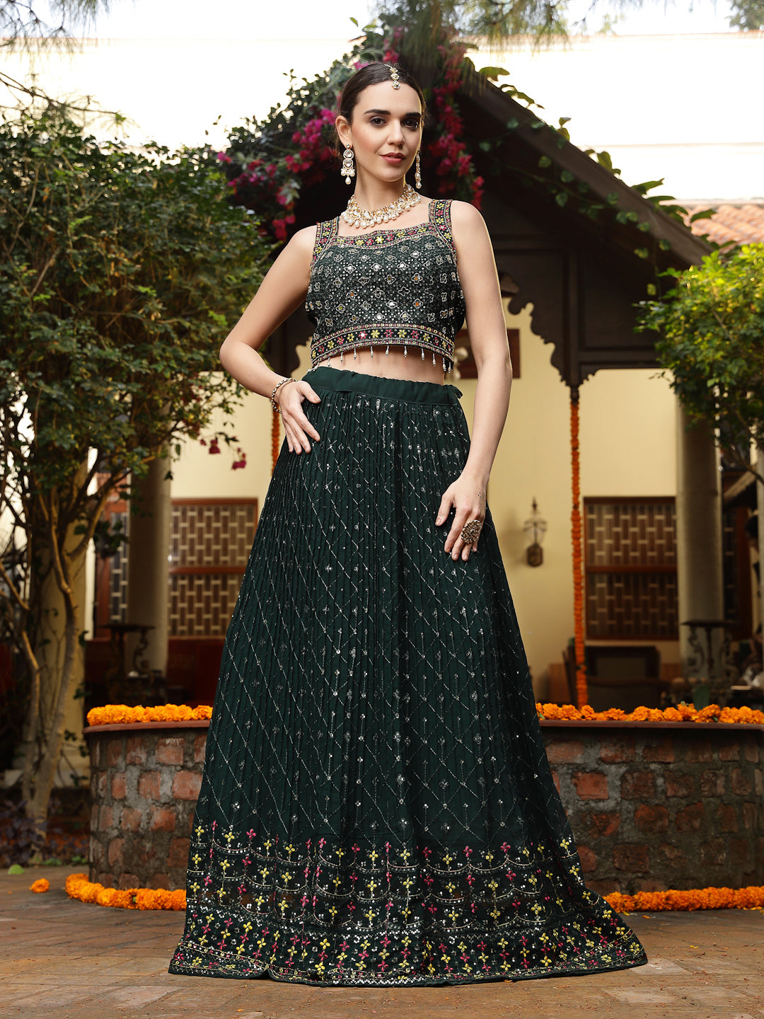 Stylum Women's Green Embroidered Georgette Lehenga & Blouse with Dupatta (LEHGREENMANNAT)