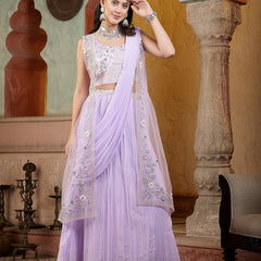 Stylum Women's Printed & Embroidered Georgette Draped Lehenga Saree with Blouse (LEHLEVNDERCOCO)