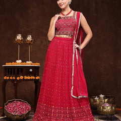 Stylum Women's Magenta Embroidered Georgette Lehenga & Blouse with Dupatta (LEHMAGENTAMANNAT)
