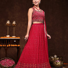 Stylum Women's Magenta Embroidered Georgette Lehenga & Blouse with Dupatta (LEHMAGENTAMANNAT)