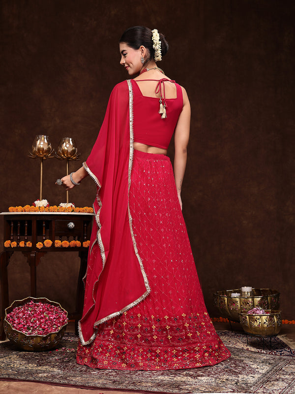 Stylum Women's Magenta Embroidered Georgette Lehenga & Blouse with Dupatta (LEHMAGENTAMANNAT)