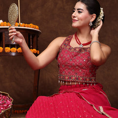Stylum Women's Magenta Embroidered Georgette Lehenga & Blouse with Dupatta (LEHMAGENTAMANNAT)