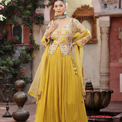 Stylum Women's Solid & Embroidered Georgette Lehenga Dupatta with Blouse (LEHMUSTARDBEAN)