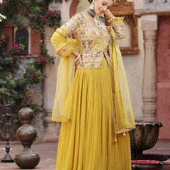 Stylum Women's Solid & Embroidered Georgette Lehenga Dupatta with Blouse (LEHMUSTARDBEAN)