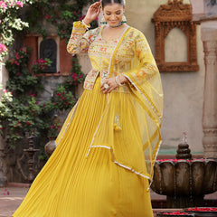 Stylum Women's Solid & Embroidered Georgette Lehenga Dupatta with Blouse (LEHMUSTARDBEAN)