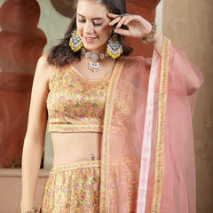 Stylum Women's Floral Printed Silk Blend Lehenga Dupatta with Blouse (LEHMUSTARDDONUT)