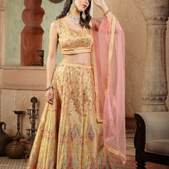 Stylum Women's Floral Printed Silk Blend Lehenga Dupatta with Blouse (LEHMUSTARDDONUT)