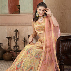 Stylum Women's Floral Printed Silk Blend Lehenga Dupatta with Blouse (LEHMUSTARDDONUT)