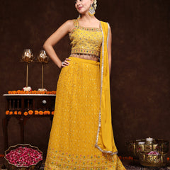 Stylum Women's Mustard Embroidered Georgette Lehenga & Blouse with Dupatta (LEHMUSTARDMANNAT)