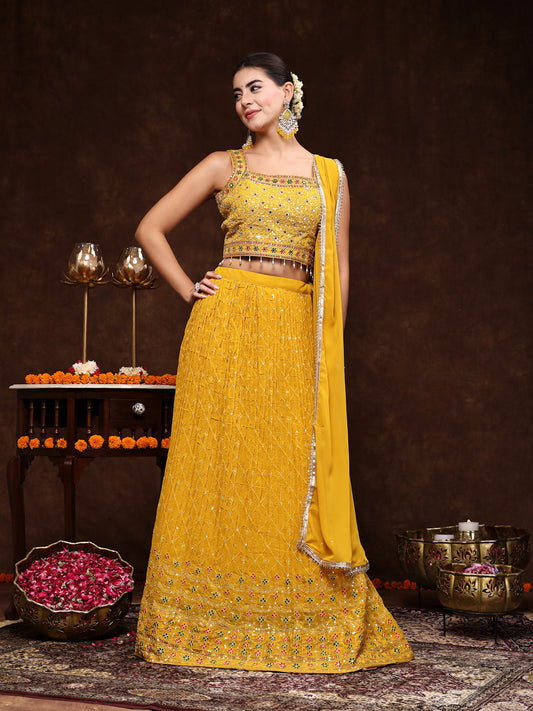 Stylum Women's Mustard Embroidered Georgette Lehenga & Blouse with Dupatta (LEHMUSTARDMANNAT)