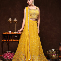 Stylum Women's Mustard Embroidered Georgette Lehenga & Blouse with Dupatta (LEHMUSTARDMANNAT)
