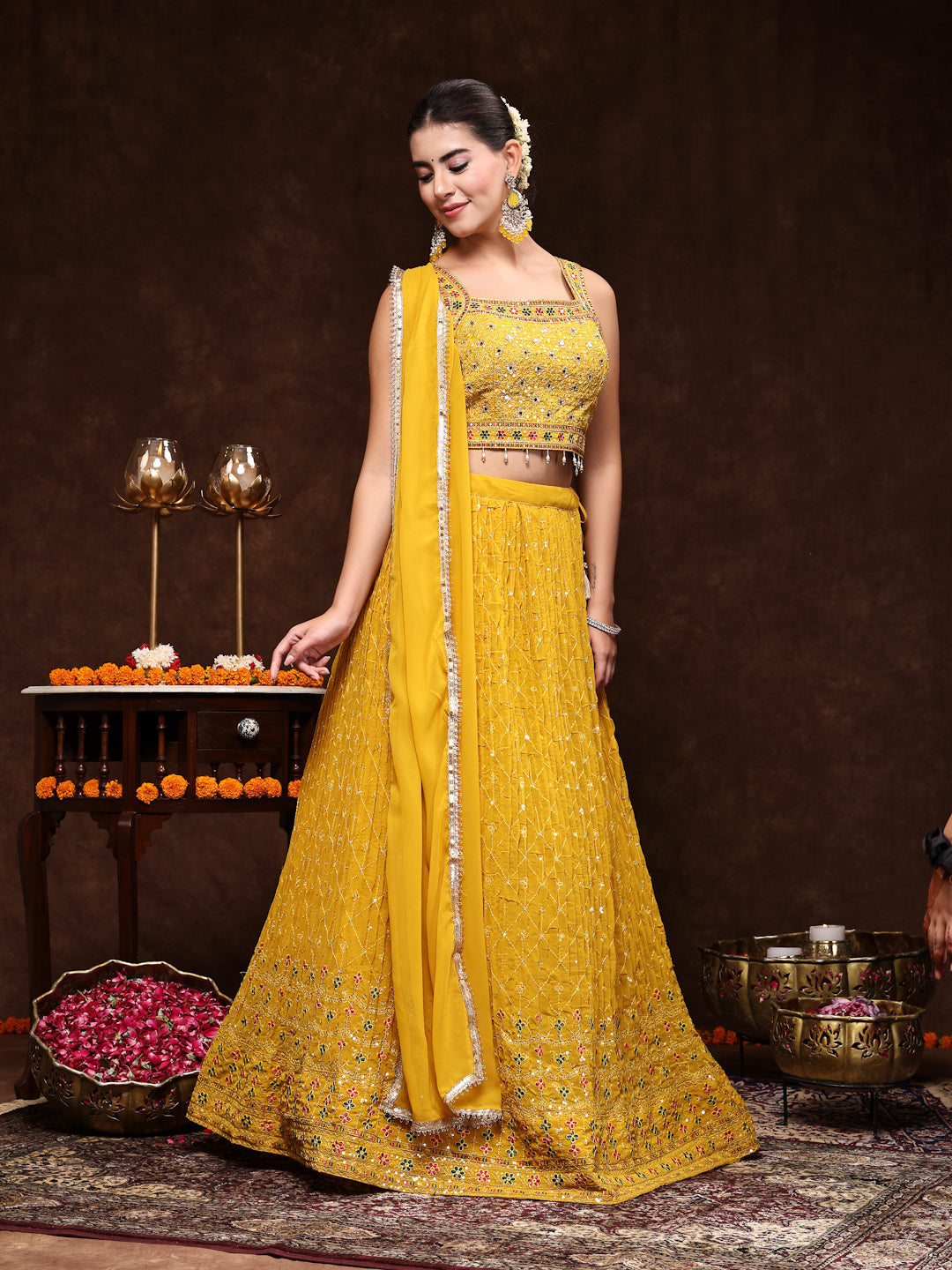 Stylum Women's Mustard Embroidered Georgette Lehenga & Blouse with Dupatta (LEHMUSTARDMANNAT)