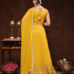 Stylum Women's Mustard Embroidered Georgette Lehenga & Blouse with Dupatta (LEHMUSTARDMANNAT)