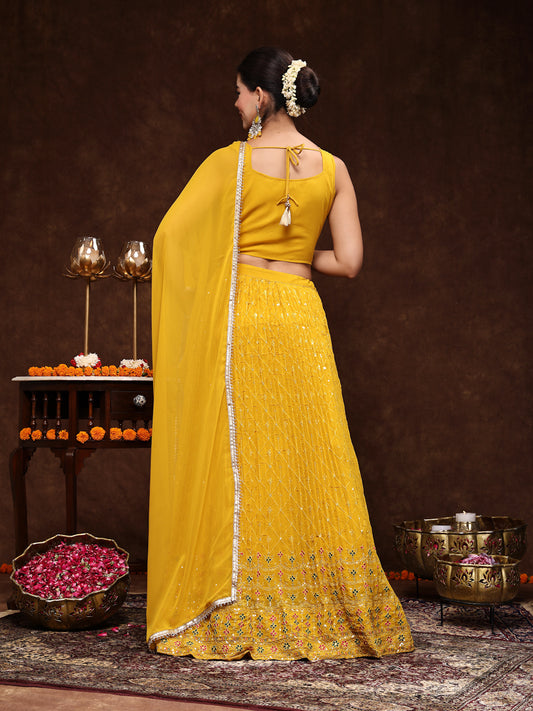 Stylum Women's Mustard Embroidered Georgette Lehenga & Blouse with Dupatta (LEHMUSTARDMANNAT)