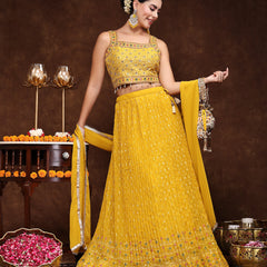 Stylum Women's Mustard Embroidered Georgette Lehenga & Blouse with Dupatta (LEHMUSTARDMANNAT)