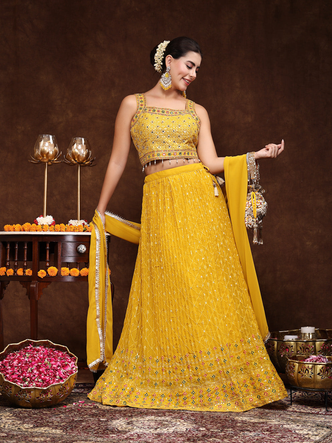 Stylum Women's Mustard Embroidered Georgette Lehenga & Blouse with Dupatta (LEHMUSTARDMANNAT)