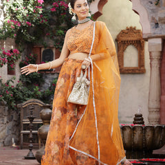 Stylum Women's Floral Printed & Embroidered Organza Lehenga Dupatta with Blouse (LEHORANGEBOOMER)