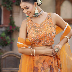 Stylum Women's Floral Printed & Embroidered Organza Lehenga Dupatta with Blouse (LEHORANGEBOOMER)
