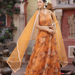 Stylum Women's Floral Printed & Embroidered Organza Lehenga Dupatta with Blouse (LEHORANGEBOOMER)
