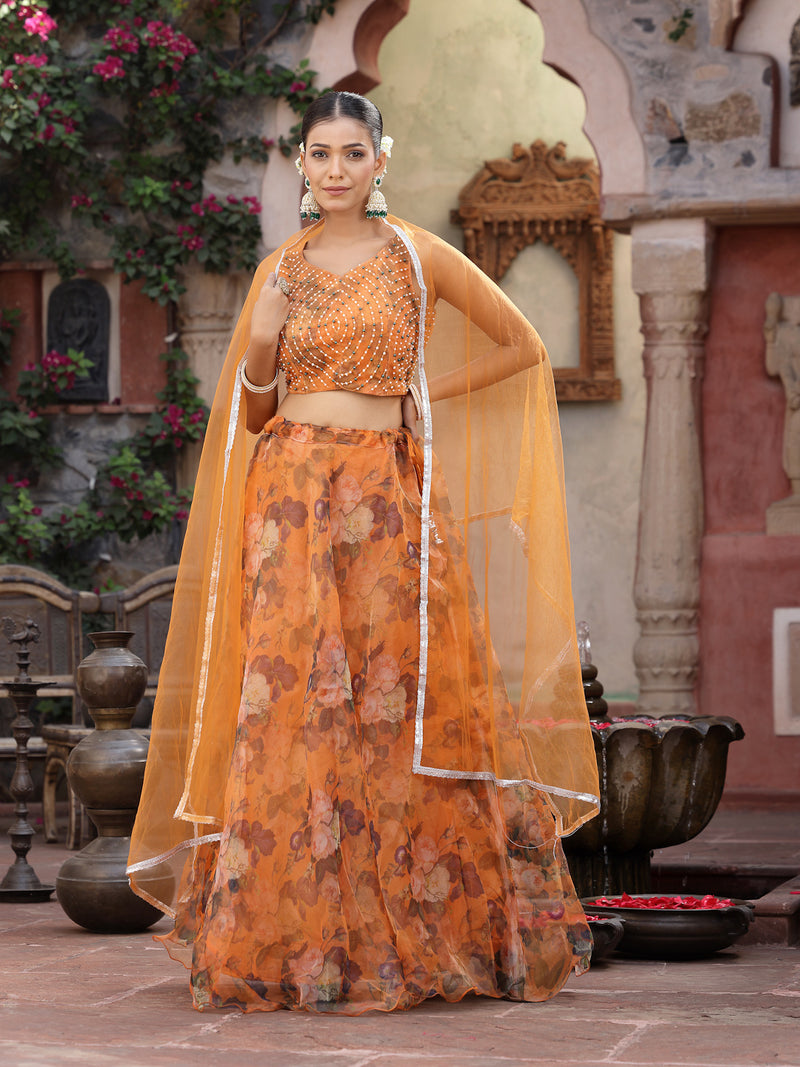 Stylum Women's Floral Printed & Embroidered Organza Lehenga Dupatta with Blouse (LEHORANGEBOOMER)