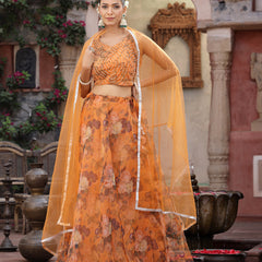 Stylum Women's Floral Printed & Embroidered Organza Lehenga Dupatta with Blouse (LEHORANGEBOOMER)