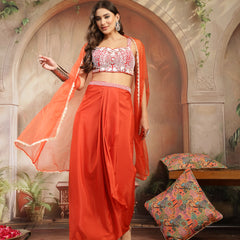 Stylum Women's Orange Solid & Embroidered Silk Draped Lehenga Choli With Shrug (LEHORANGEMIKA)