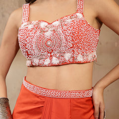 Stylum Women's Orange Solid & Embroidered Silk Draped Lehenga Choli With Shrug (LEHORANGEMIKA)