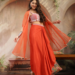 Stylum Women's Orange Solid & Embroidered Silk Draped Lehenga Choli With Shrug (LEHORANGEMIKA)