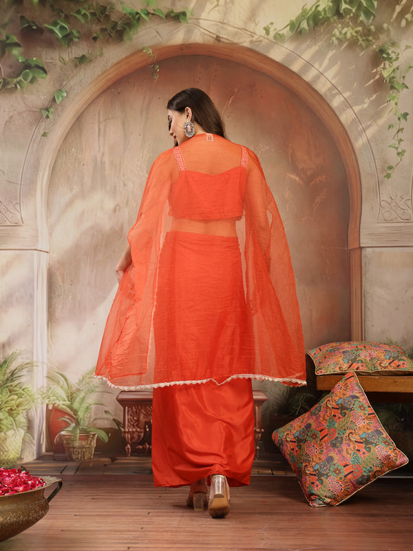 Stylum Women's Orange Solid & Embroidered Silk Draped Lehenga Choli With Shrug (LEHORANGEMIKA)