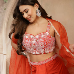 Stylum Women's Orange Solid & Embroidered Silk Draped Lehenga Choli With Shrug (LEHORANGEMIKA)