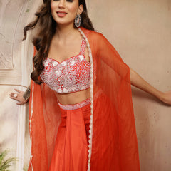 Stylum Women's Orange Solid & Embroidered Silk Draped Lehenga Choli With Shrug (LEHORANGEMIKA)