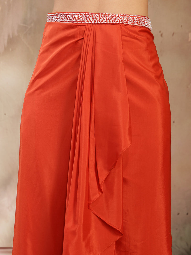 Stylum Women's Orange Solid & Embroidered Silk Draped Lehenga Choli With Shrug (LEHORANGEMIKA)