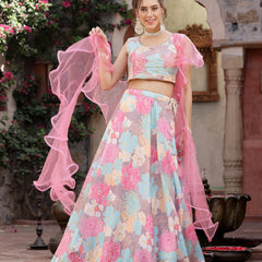 Stylum Women's Floral Printed Satin Lehenga Dupatta with Blouse (LEHPINKBAKER)