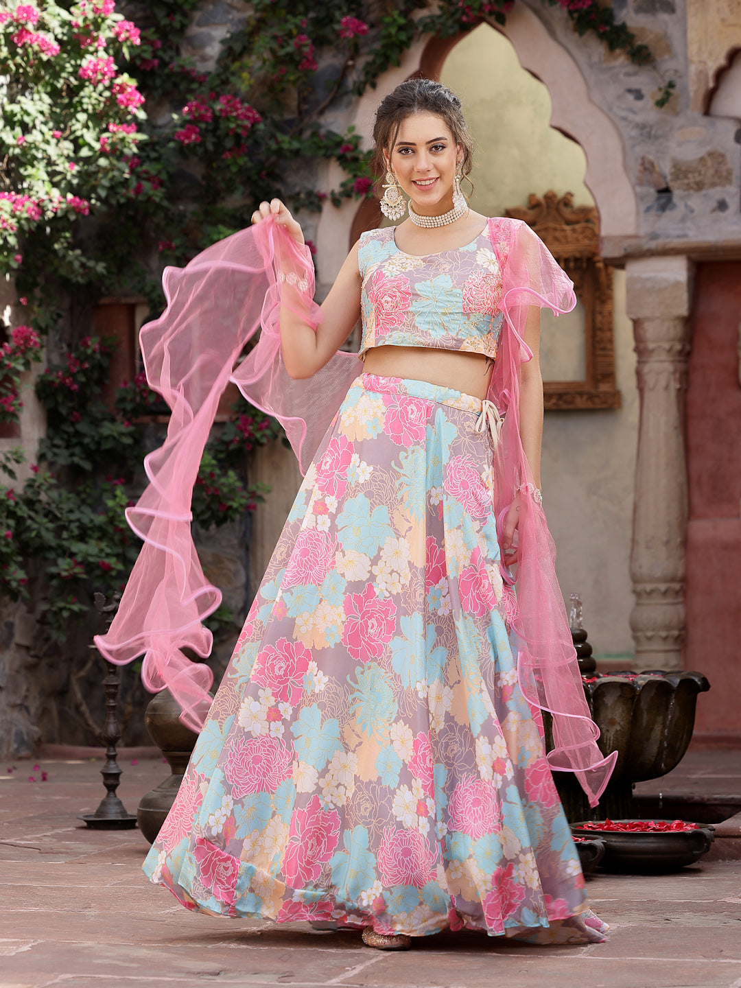 Stylum Women's Floral Printed Satin Lehenga Dupatta with Blouse (LEHPINKBAKER)