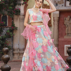 Stylum Women's Floral Printed Satin Lehenga Dupatta with Blouse (LEHPINKBAKER)