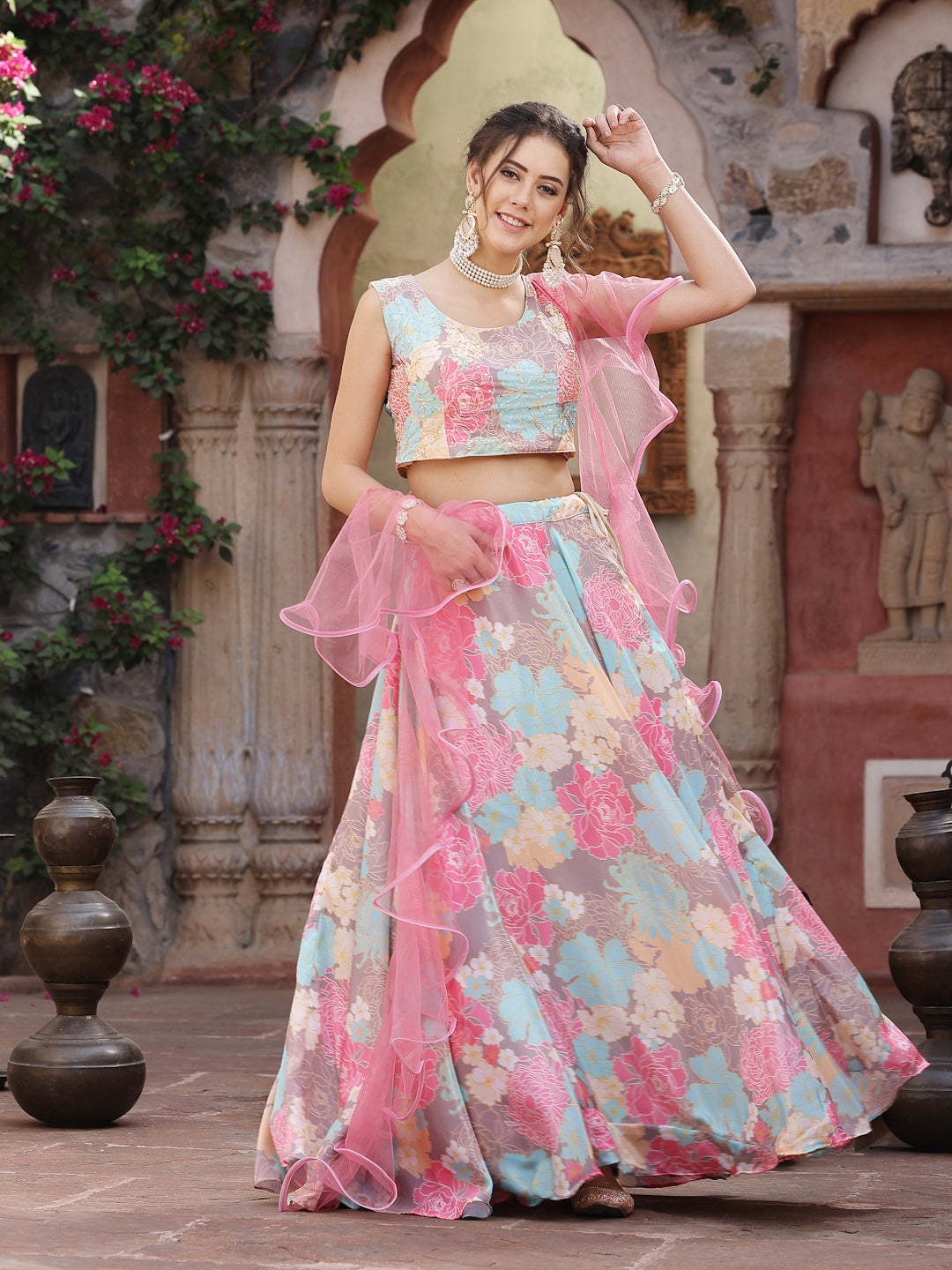 Stylum Women's Floral Printed Satin Lehenga Dupatta with Blouse (LEHPINKBAKER)