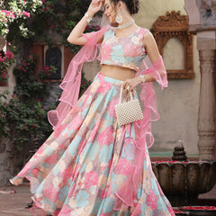 Stylum Women's Floral Printed Satin Lehenga Dupatta with Blouse (LEHPINKBAKER)