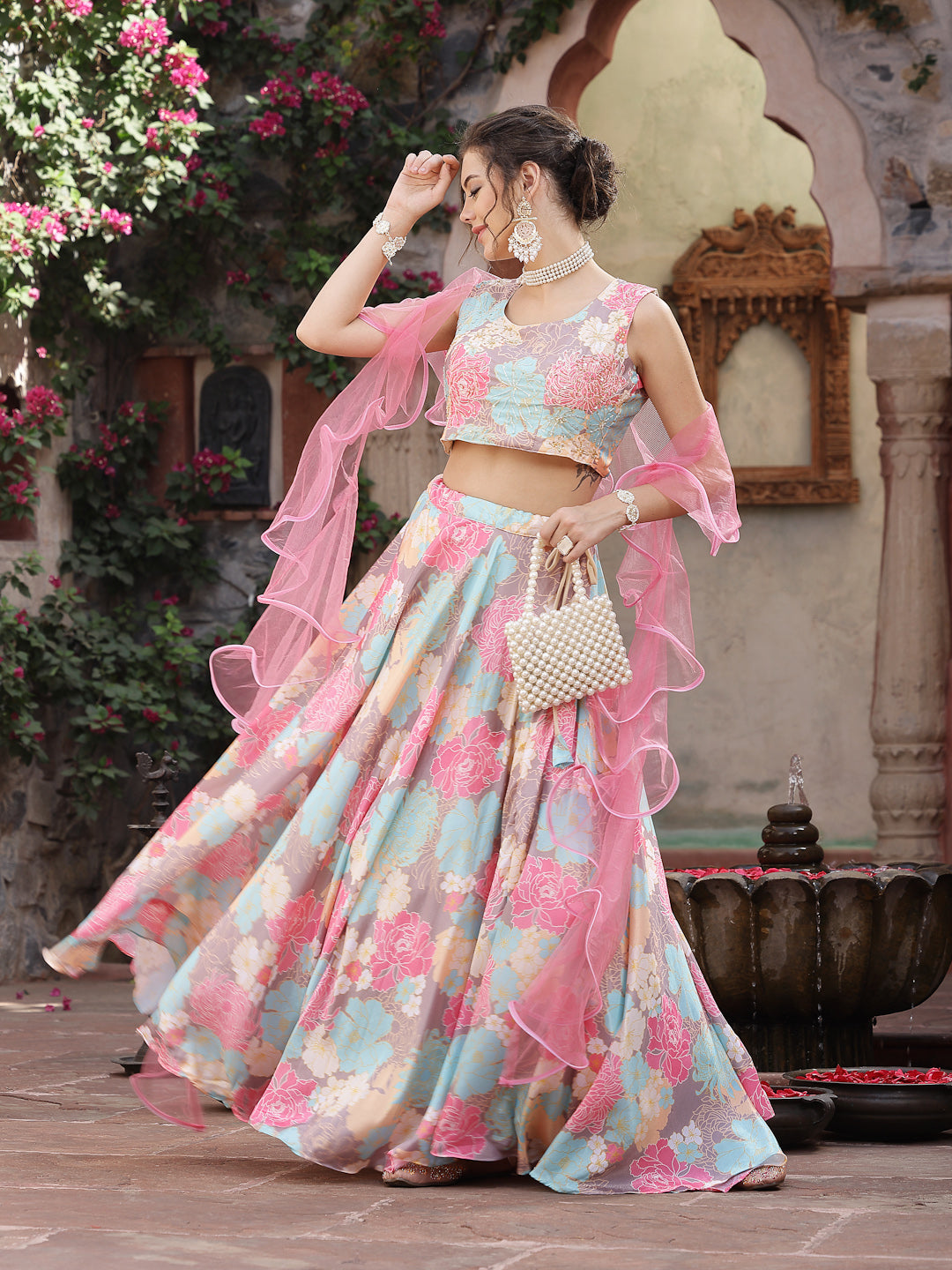 Stylum Women's Floral Printed Satin Lehenga Dupatta with Blouse (LEHPINKBAKER)