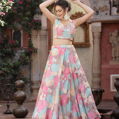 Stylum Women's Floral Printed Satin Lehenga Dupatta with Blouse (LEHPINKBAKER)