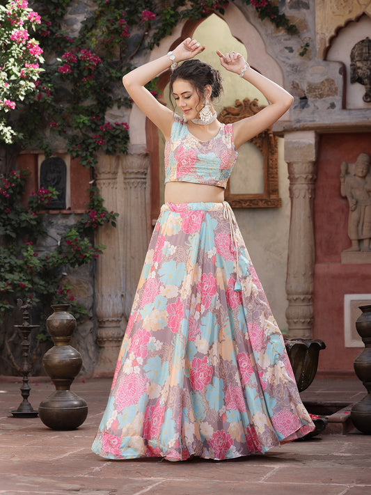 Stylum Women's Floral Printed Satin Lehenga Dupatta with Blouse (LEHPINKBAKER)