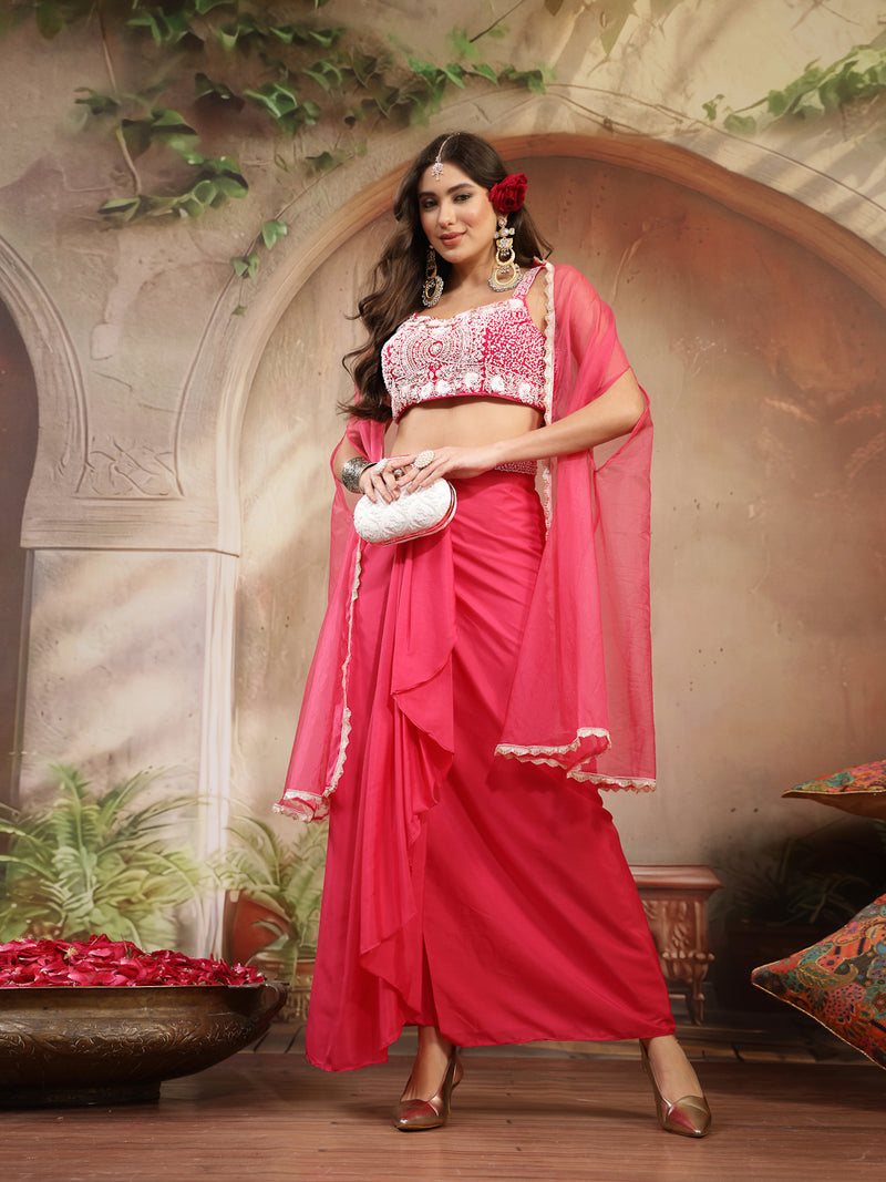 Stylum Women's Pink Solid & Embroidered Silk Draped Lehenga Choli With Shrug (LEHPINKMIKA)