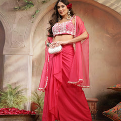 Stylum Women's Pink Solid & Embroidered Silk Draped Lehenga Choli With Shrug (LEHPINKMIKA)