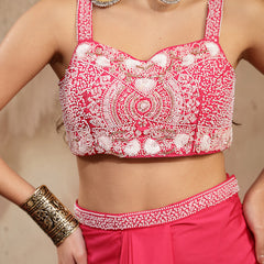Stylum Women's Pink Solid & Embroidered Silk Draped Lehenga Choli With Shrug (LEHPINKMIKA)