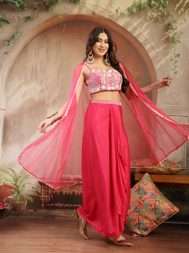 Stylum Women's Pink Solid & Embroidered Silk Draped Lehenga Choli With Shrug (LEHPINKMIKA)