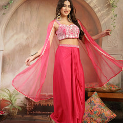 Stylum Women's Pink Solid & Embroidered Silk Draped Lehenga Choli With Shrug (LEHPINKMIKA)