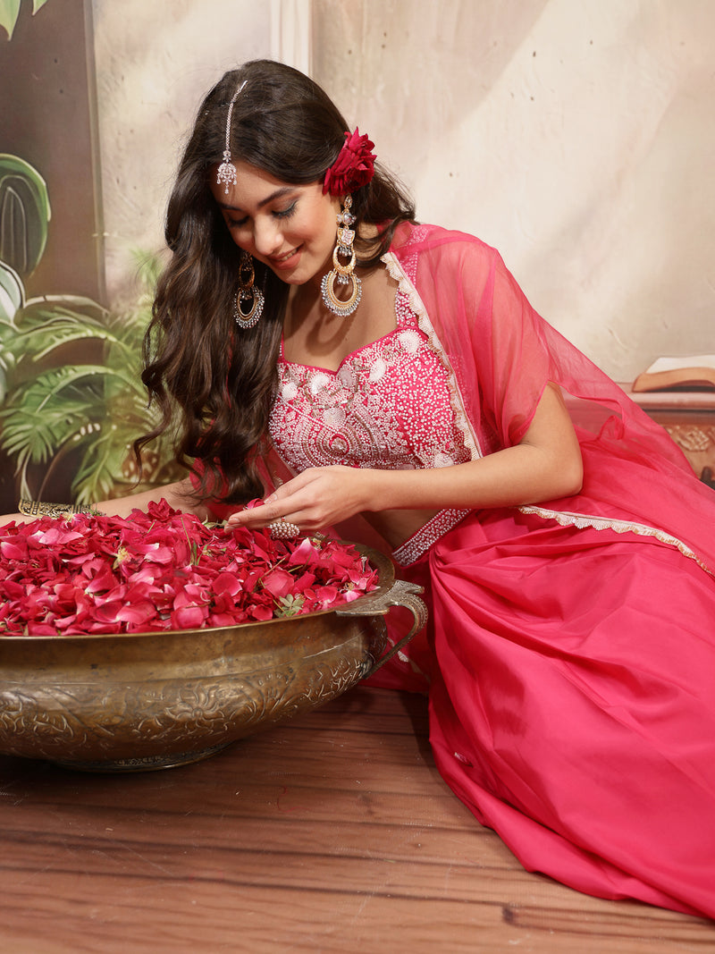 Stylum Women's Pink Solid & Embroidered Silk Draped Lehenga Choli With Shrug (LEHPINKMIKA)