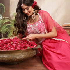 Stylum Women's Pink Solid & Embroidered Silk Draped Lehenga Choli With Shrug (LEHPINKMIKA)