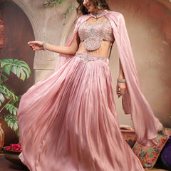 Stylum Women's Pink Solid & Embroidered Silk Lehenga Choli With Cape Dupatta (LEHPINKRAVI)