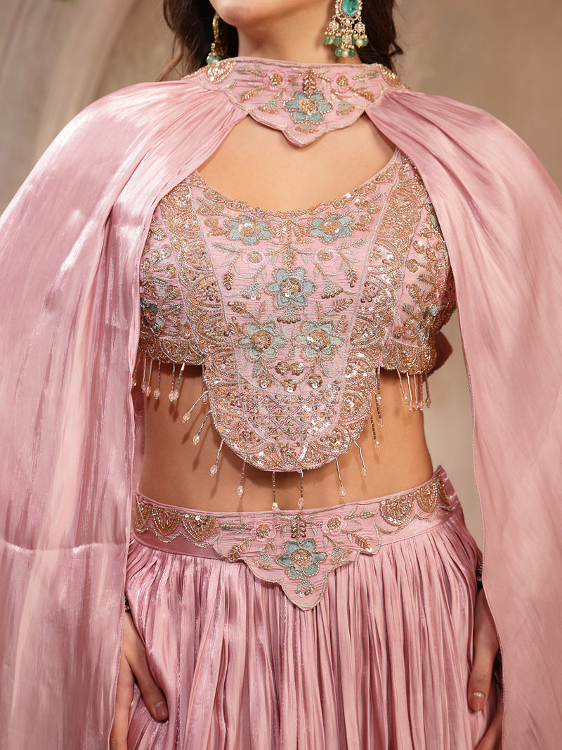 Stylum Women's Pink Solid & Embroidered Silk Lehenga Choli With Cape Dupatta (LEHPINKRAVI)