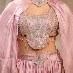 Stylum Women's Pink Solid & Embroidered Silk Lehenga Choli With Cape Dupatta (LEHPINKRAVI)
